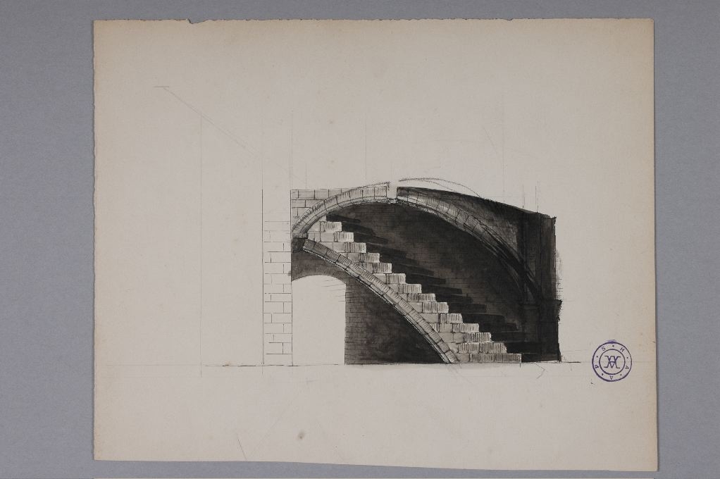 Vue pespective latérale d’escalier (cave de la rue de Traverse ?)