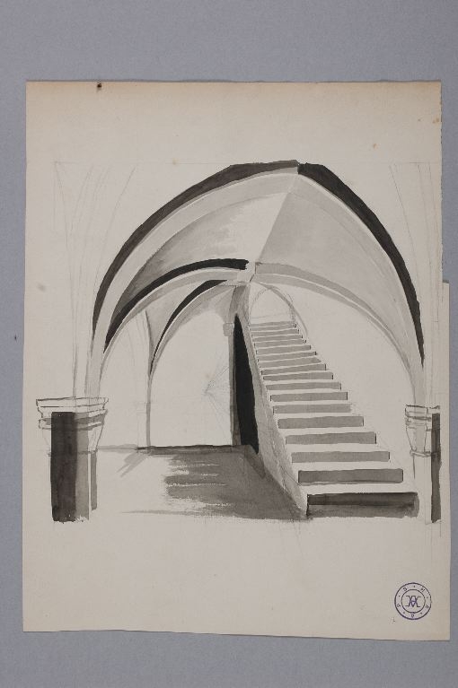 Vue pespective frontale d’escalier (cave de la rue de Traverse ?)
