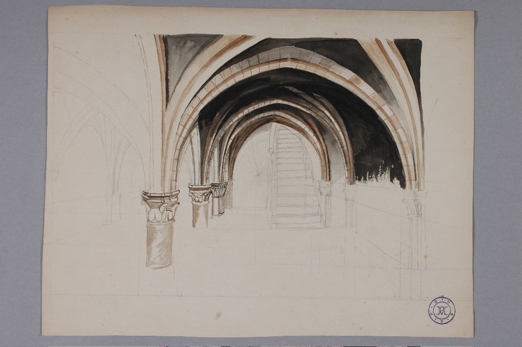 Vue pespective frontale de cave voûtée (cave de la rue de Traverse ?)