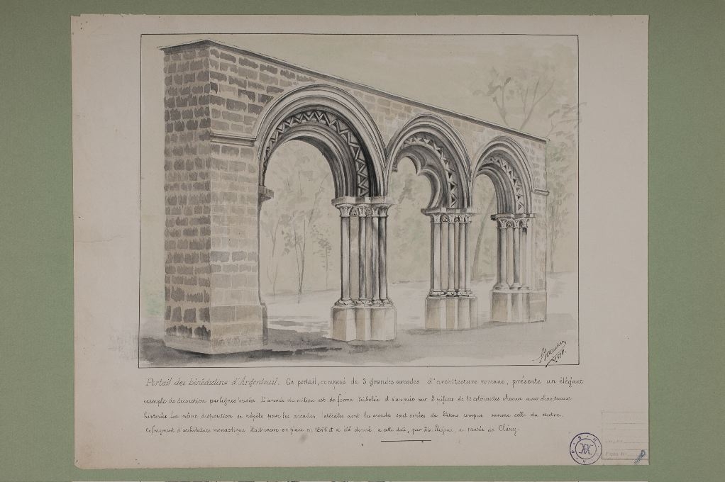 Dessin et lavis, perspective du « Portail des bénédictins » dans les jardins du Musée de Cluny