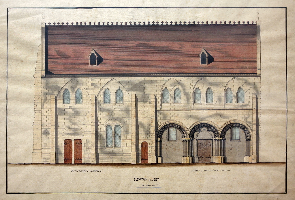 Elevation de la façade est de l’église du prieuré (salle capitulaire, réfectoire, dortoir)
