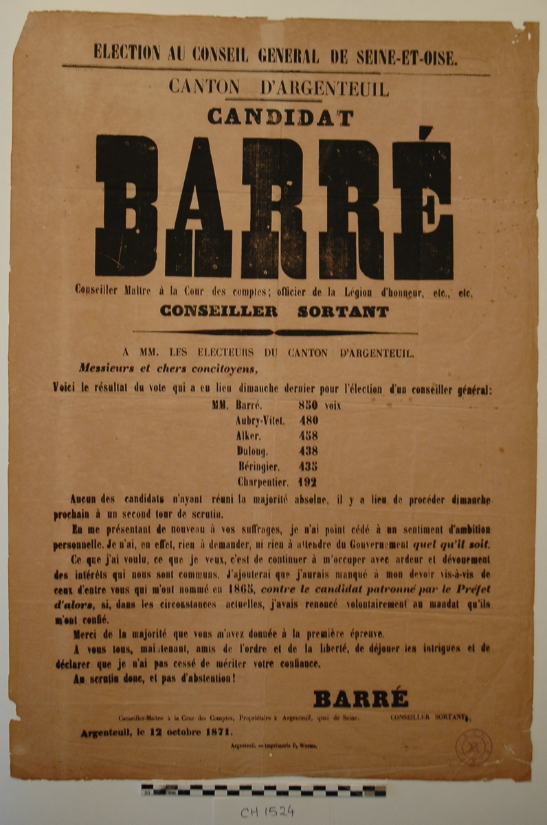 Affiche électoriale pour le conseil général de Seine-et-Oise, canton d’Argenteuil le 12 octobre 1871