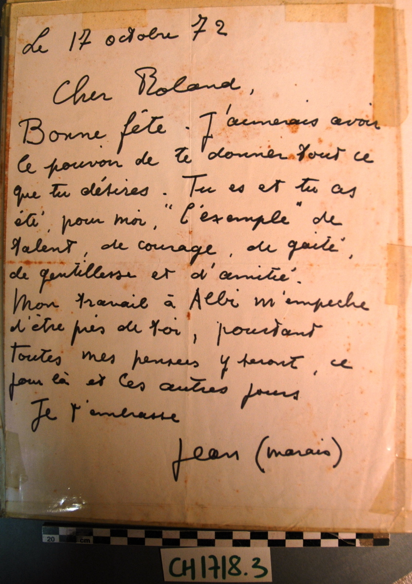 Lettre de Jean Marais à Roland Toutain datée du 17 octobre 1972