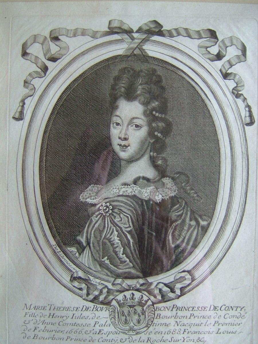 Marie Thérese de Bourbon, Princesse de Conty, fille de Henri Jules de Bourbon, Prince de Condé et Dame Contesse Palatinne née en 1666, décédée en 1732, a épousé en 1688 François Louis de Bourbon Conty