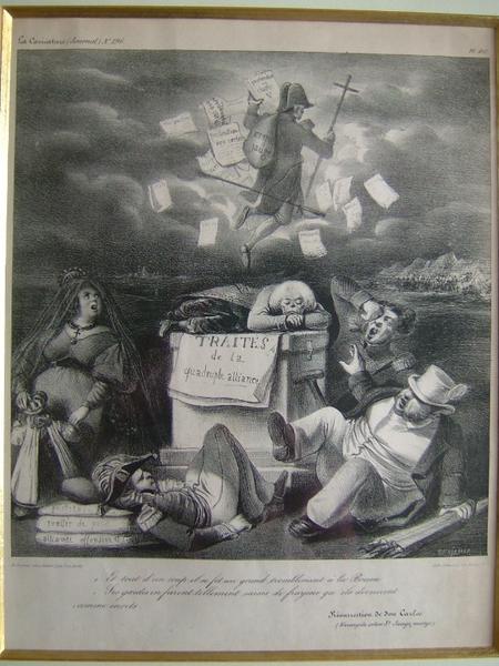 La caricature (n° 196) ; Et tout d'un coup il se fit un grand tremblement à la Bourse. Ses gardes en furent tellement saisis de frayeur qu'ils devinrent comme morts