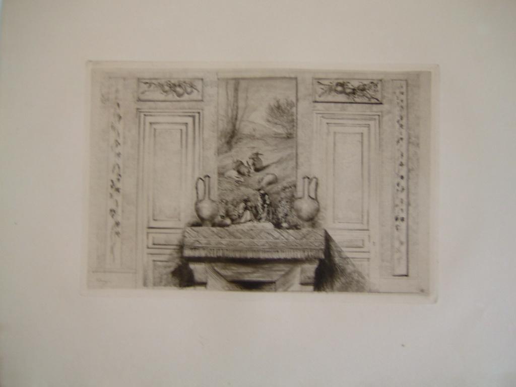 Daubigny, souvenirs et croquis (18) : Dessus de cheminée avec trumeau peint (maison de Daubigny) (les lapins, groupe en terre cuit : Les moines jardiniers par Chenillion)