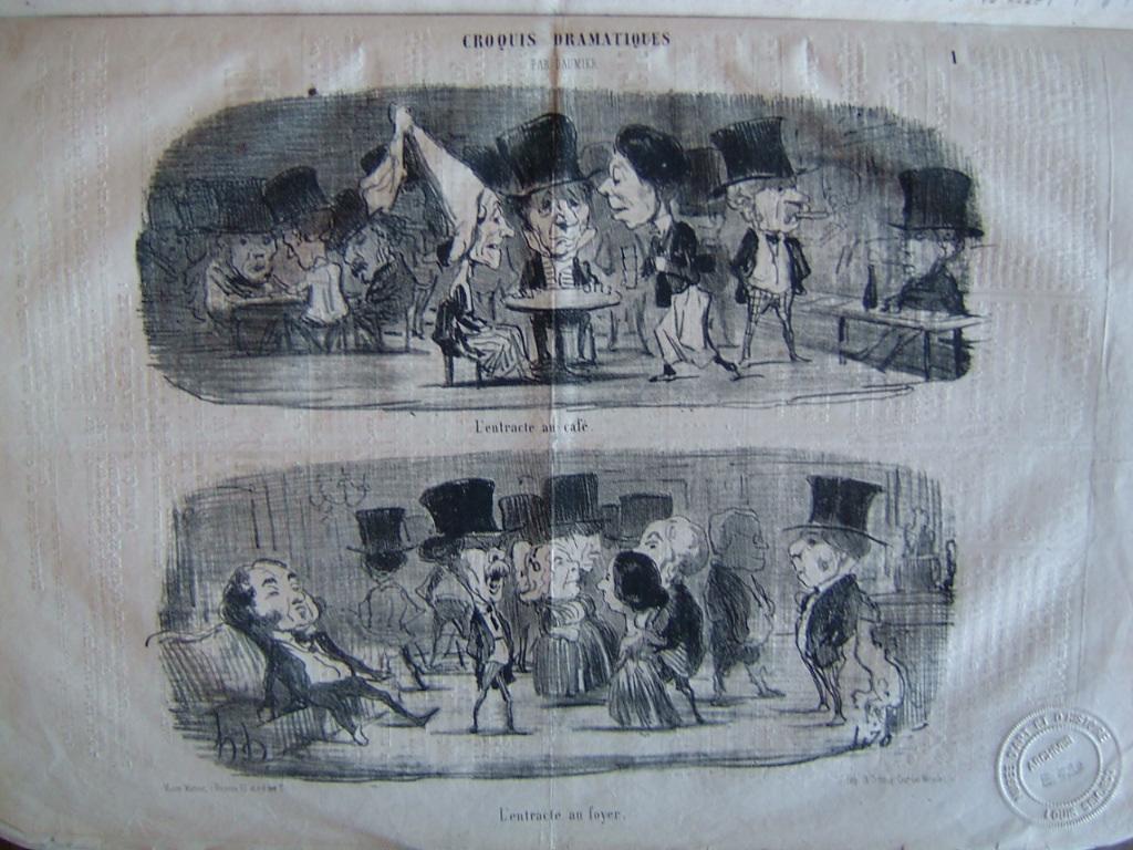 Le Charivari : Croquis dramatiques par Daumier : L'entracte au café, l'entracte au foyer