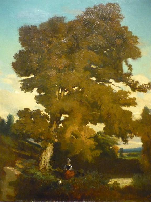 Paysanne assise sous un chêne et son chien