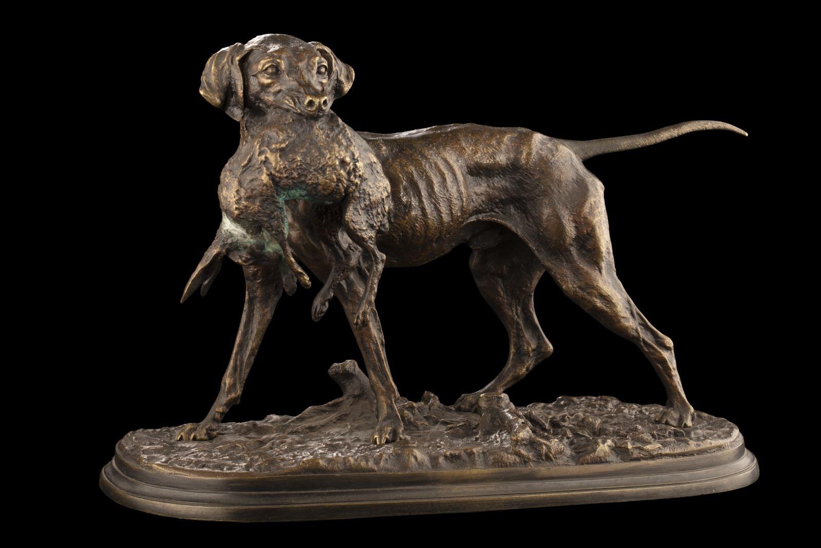 Chien tenant un lièvre