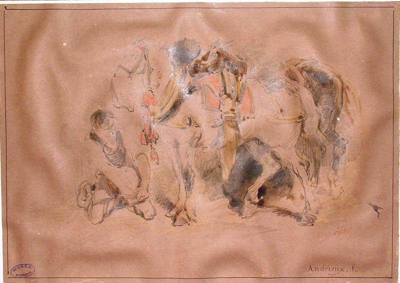 Un palefrenier donnant l'avoine à deux chevaux