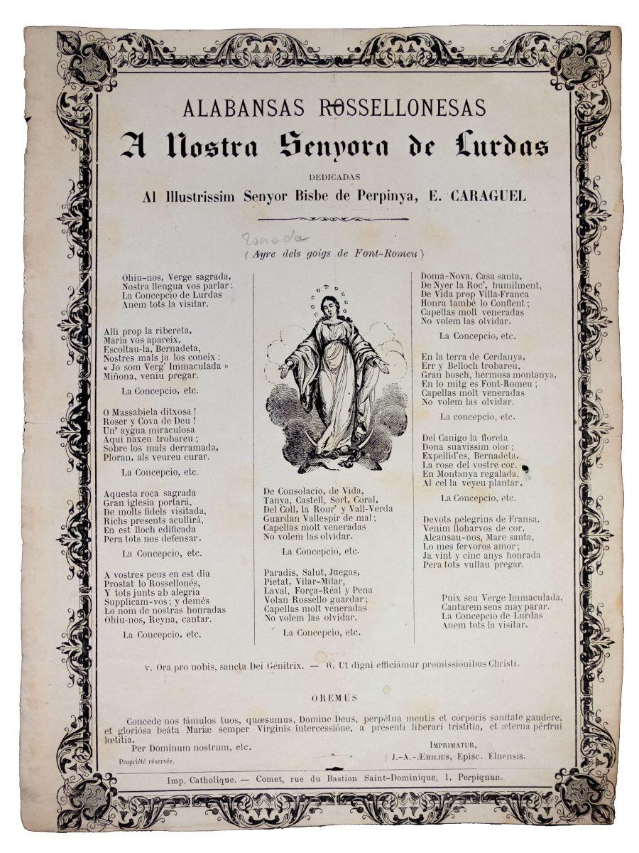 Goigs Alabansas rossellonesas a Nostra Senyora de Lurdas dedicadas al illustrissim Senyor Bisbe de Perpinya -  E.Caraguel