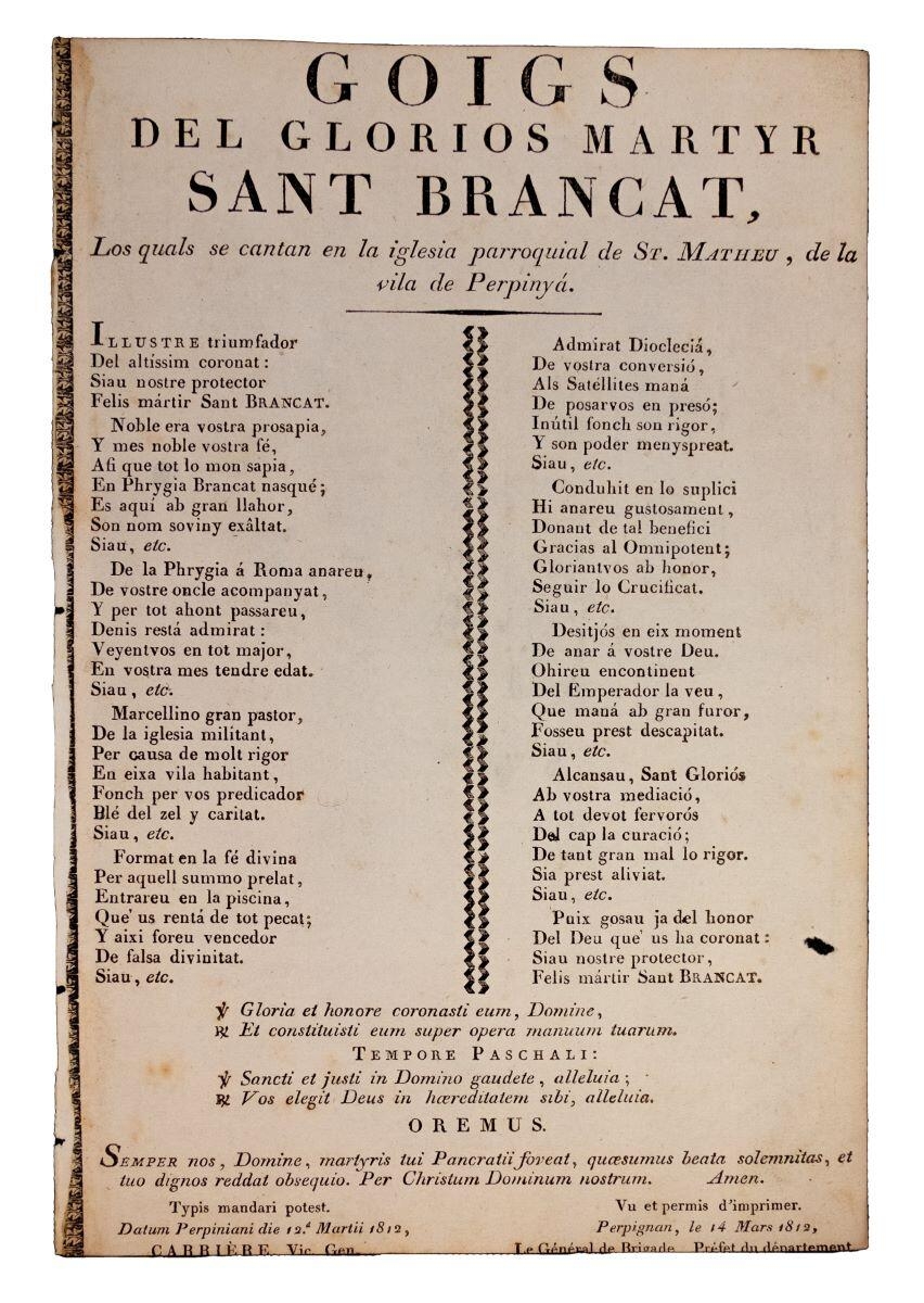 Goigs del glorios martyr Sant Brancat, los quals se cantan en la iglesia parroquial de St Matheu de la vila de Perpinyà