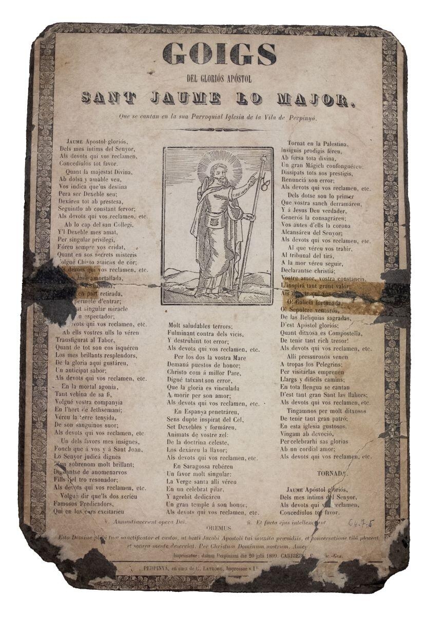 Goigs del glorios apostol Sant Jaume lo majorque se canten en la sua parroquial iglesia de la vila de Perpinyà