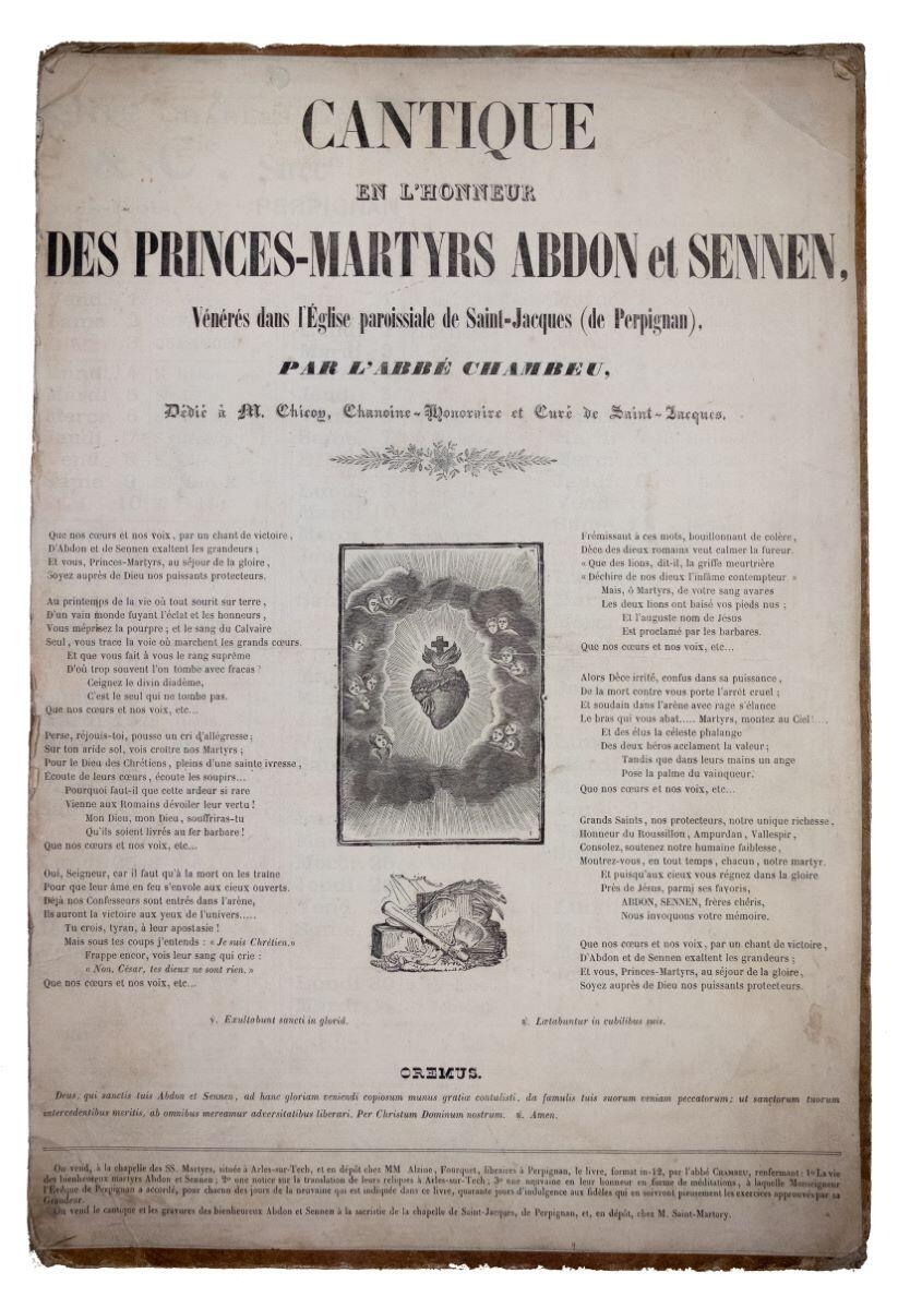 Cantique en l'honneur des princes martyrs Abdon et Sennen, vénérées dans l'Eglise paroissiale de Saint Jacques de Perpignan par l'abbé Chambeu
