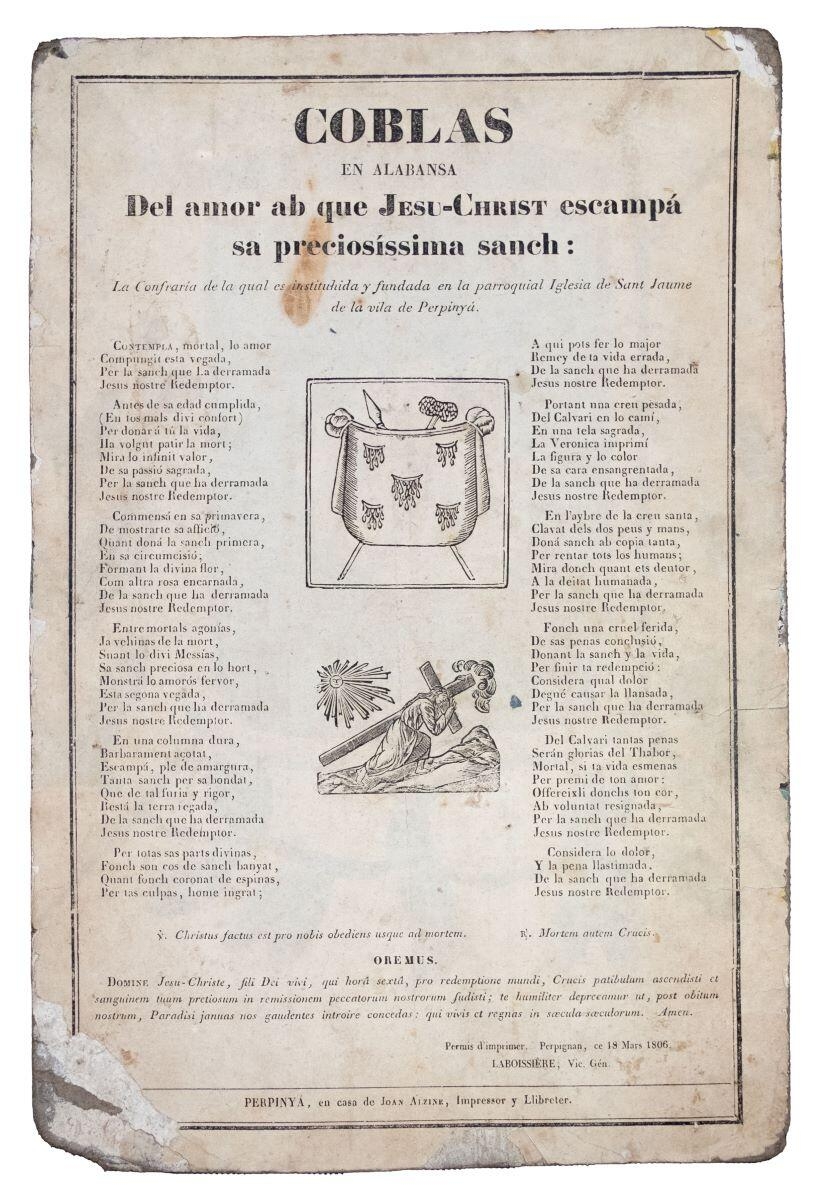 Coblas en alabansa del amor ab que Jesu-Christ escampà sa preciosissima sanch: la confraria de la qual es instituida y fundada en la parroquial iglesia de Sant Jaume de la vila de Perpinyà