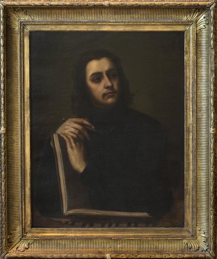 Portrait de Raphaël Maréchal en buste derrière un livre ouvert. Il tient en main un compas d'architecte et son cadre (titre de l'inventaire)