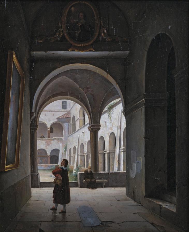 Intérieur d'un cloître : un artiste examine un tableau, un moine est assis sur un banc de pierre (titre de l'inventaire) ; Intérieur du cloître de l'Ara Coeli à Rome (titre d'usage)