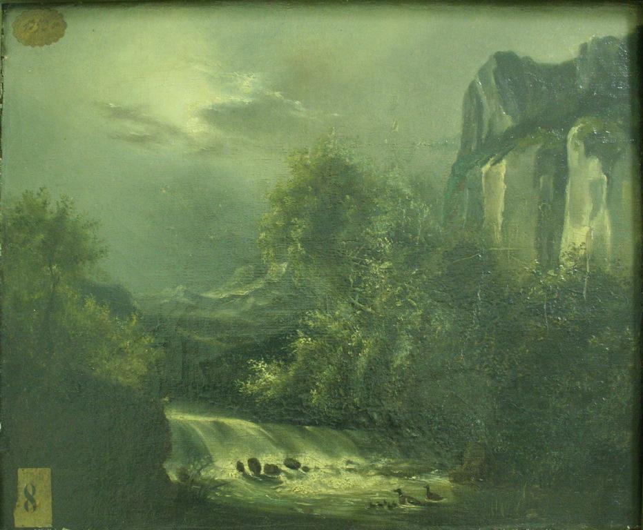 Chute d'eau et canards : paysage (titre de l'inventaire)