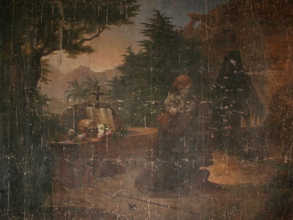 Saint Antoine retiré dans sa grotte (titre d'usage) ; Saint Antoine, au bas de sa grotte (titre de l'inventaire)