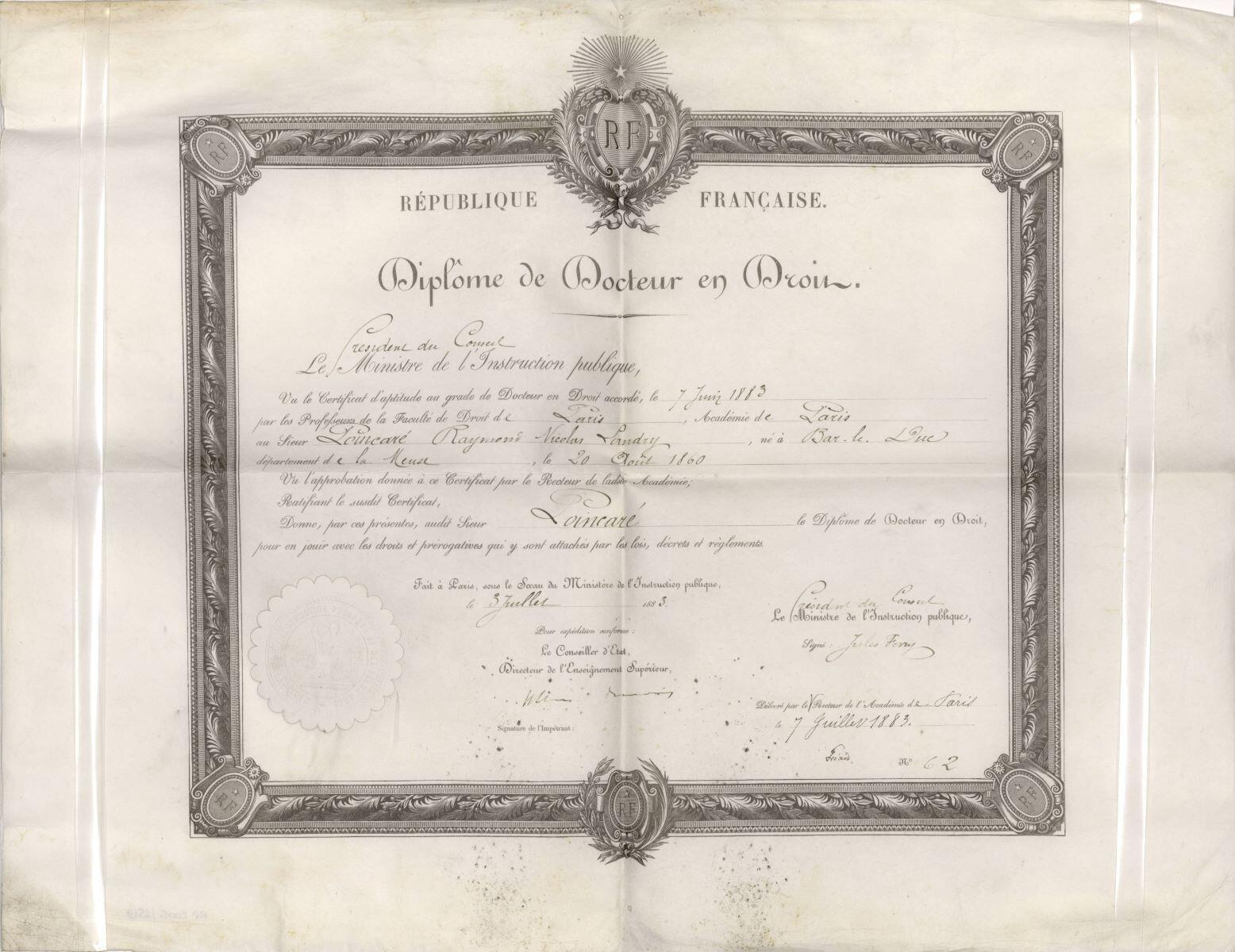 Diplôme de Docteur en droit de Raymond Poincaré