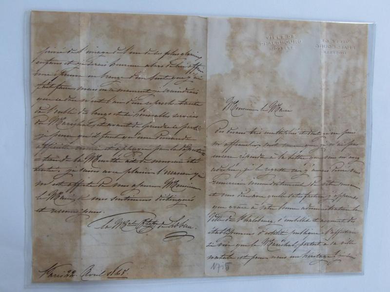 Lettre de la Maréchale, Comtesse de Lobau au maire de Phalsbourg (titre factice)