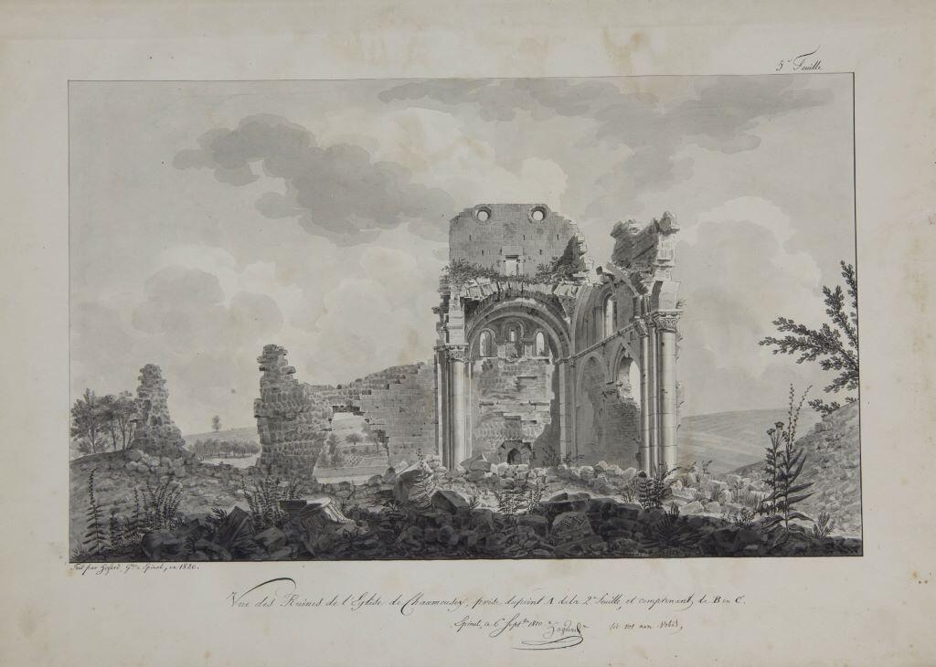 Vue des ruines de l’église de Chaumousey, prise du point A de la 2ème feuille et comprenant de B en C