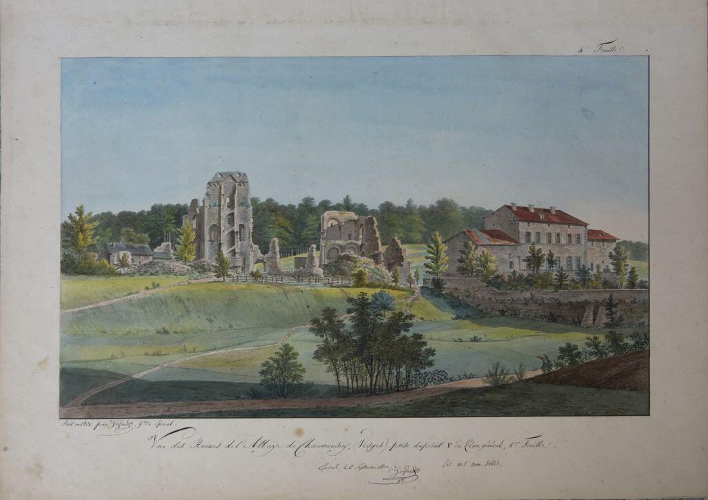 Vue des ruines de l’abbaye de Chaumousey (Vosges) prise du point P du plan général