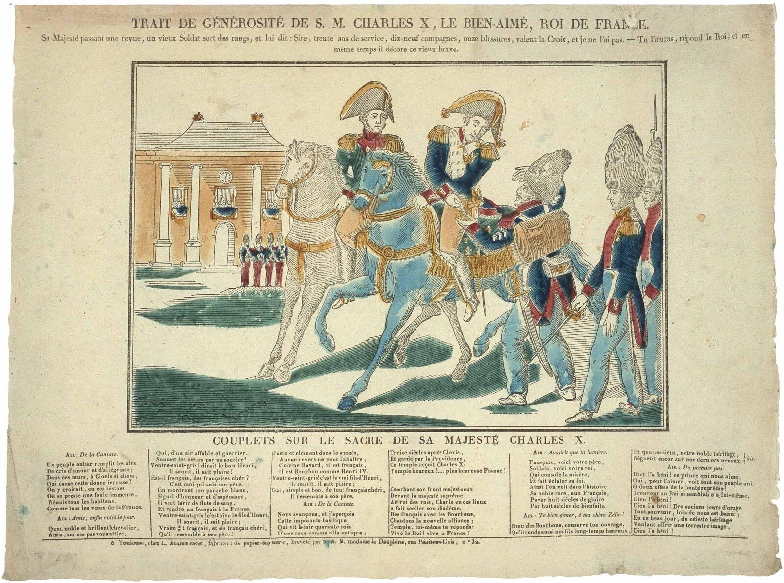 TRAIT DE GÉNÉROSITÉ DE S. M. CHARLES X, LE BIEN-AIMÉ, ROI DE FRANCE. (titre inscrit)