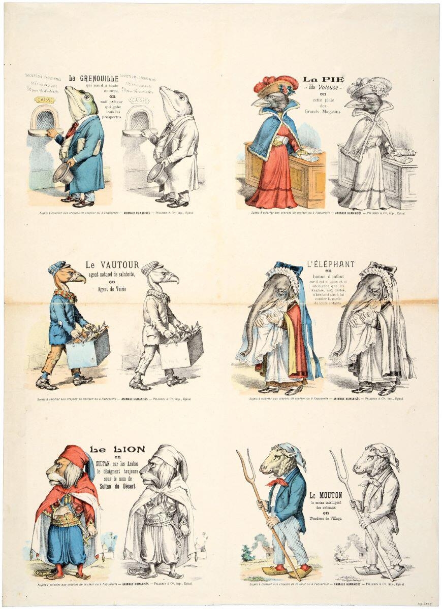 ANIMAUX HUMANISES / La GRENOUILLE / La PIE / Le VAUTOUR / L'ÉLÉPHANT / Le LION / Le MOUTON (titre inscrit)