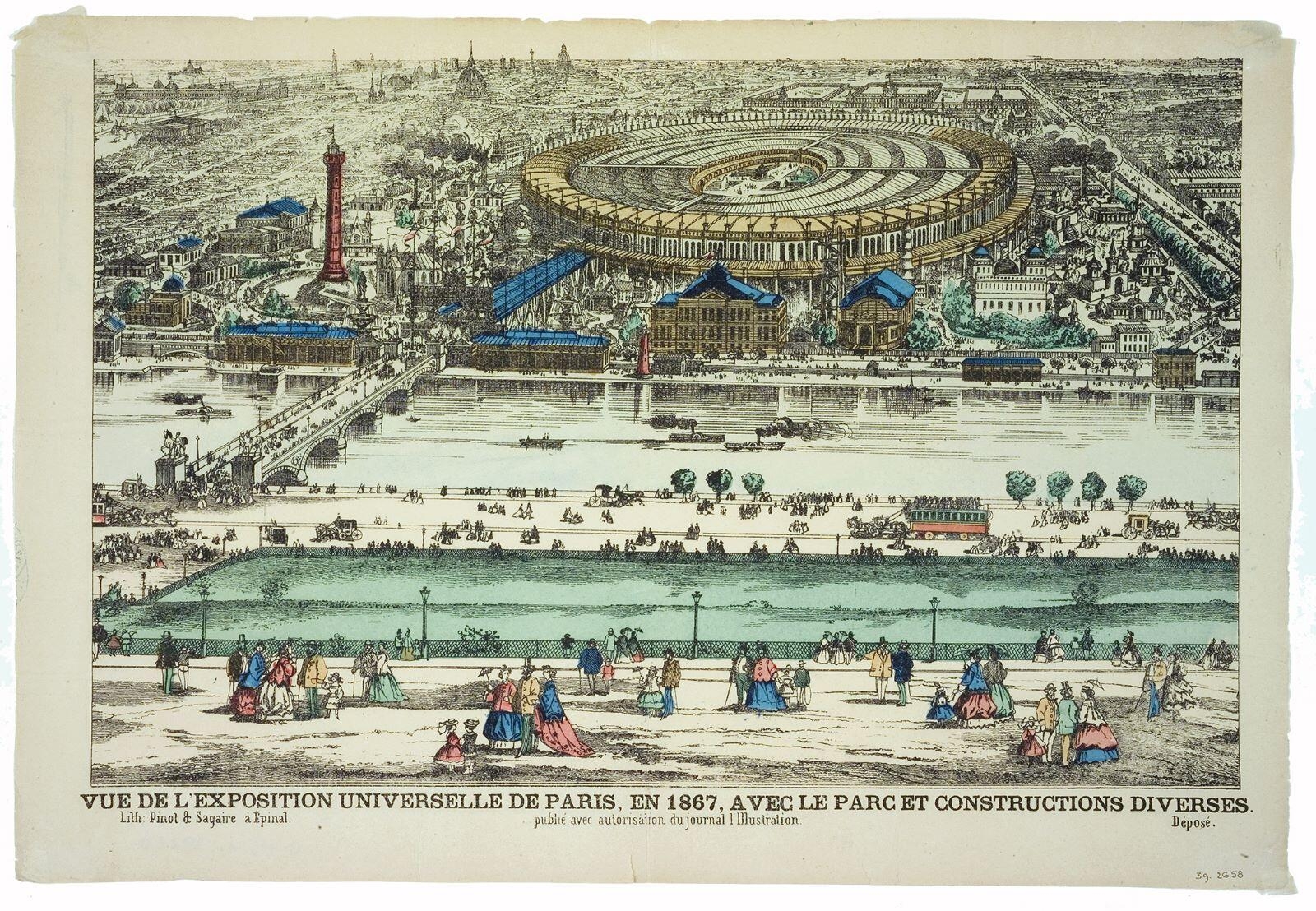 VUE DE L'EXPOSITION UNIVERSELLE DE PARIS, EN 1867, AVEC LE PARC ET CONSTRUCTIONS DIVERSES. (titre inscrit)