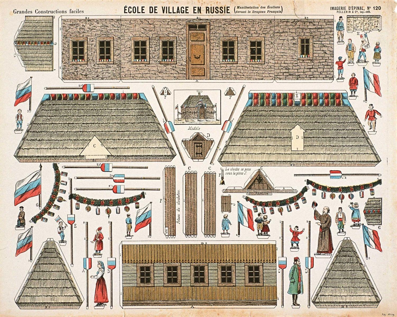 ECOLE DE VILLAGE EN RUSSIE (Manifestation des Ecoliers / devant le Drapeau Français ) (titre inscrit)