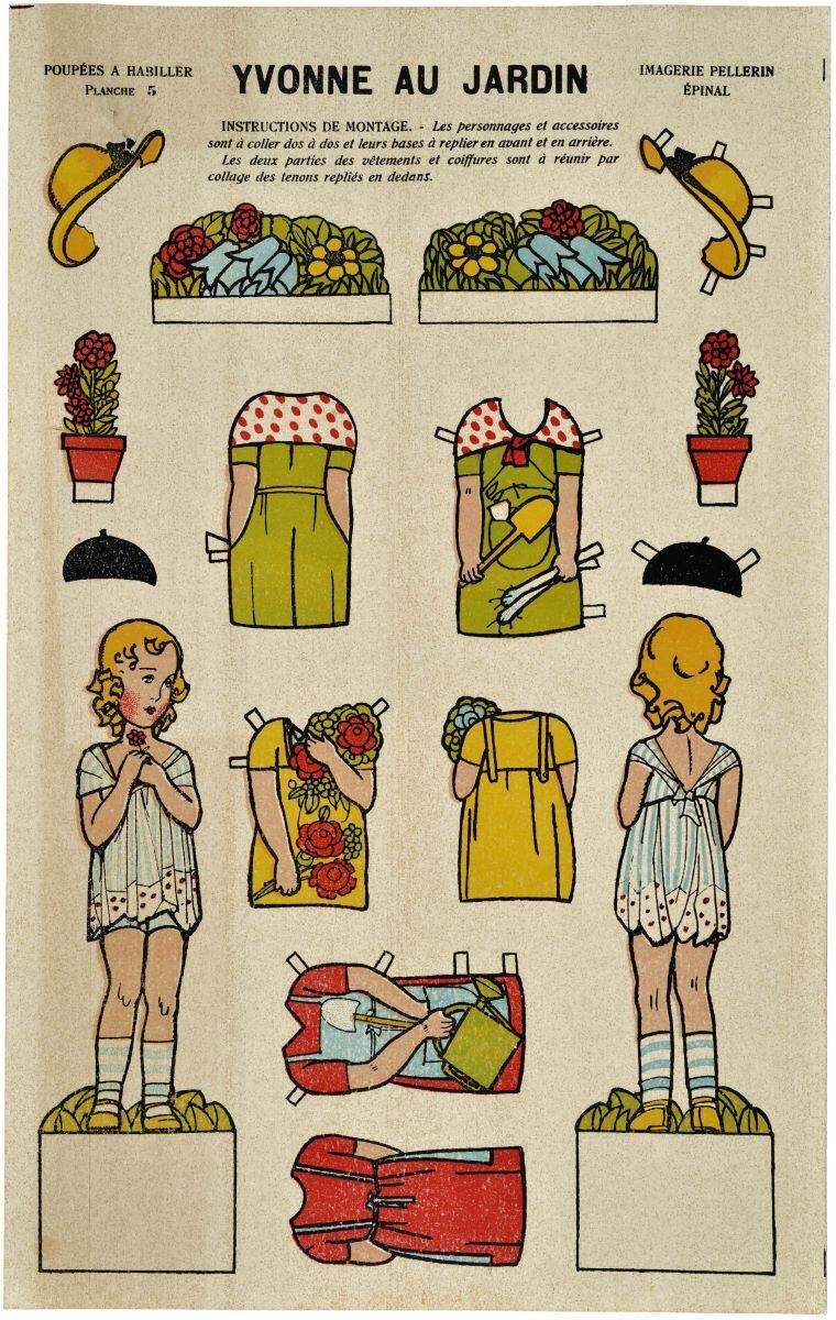 POUPÉES A HABILLER / PLANCHE 5 / YVONNE AU JARDIN (titre inscrit)