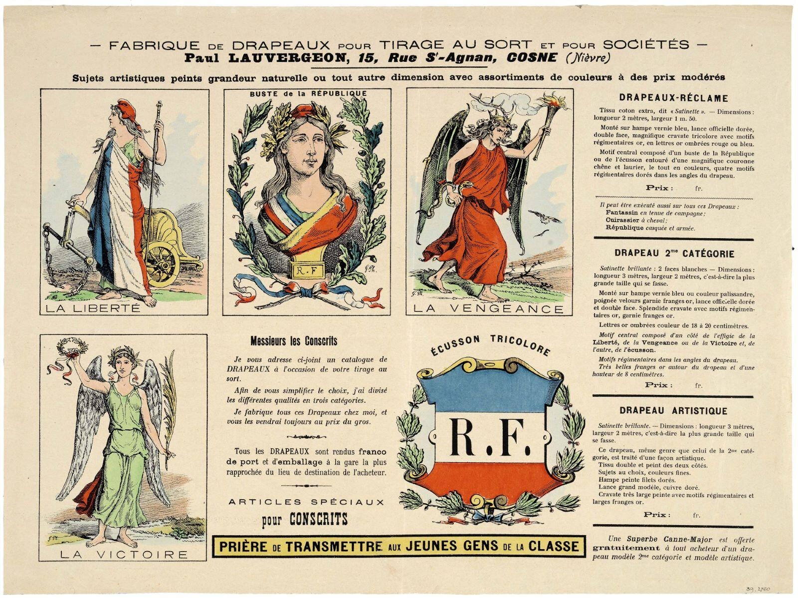 - FABRIQUE DE DRAPEAUX POUR TIRAGE AU SORT ET POUR SOCIÉTÉS -. (titre inscrit)