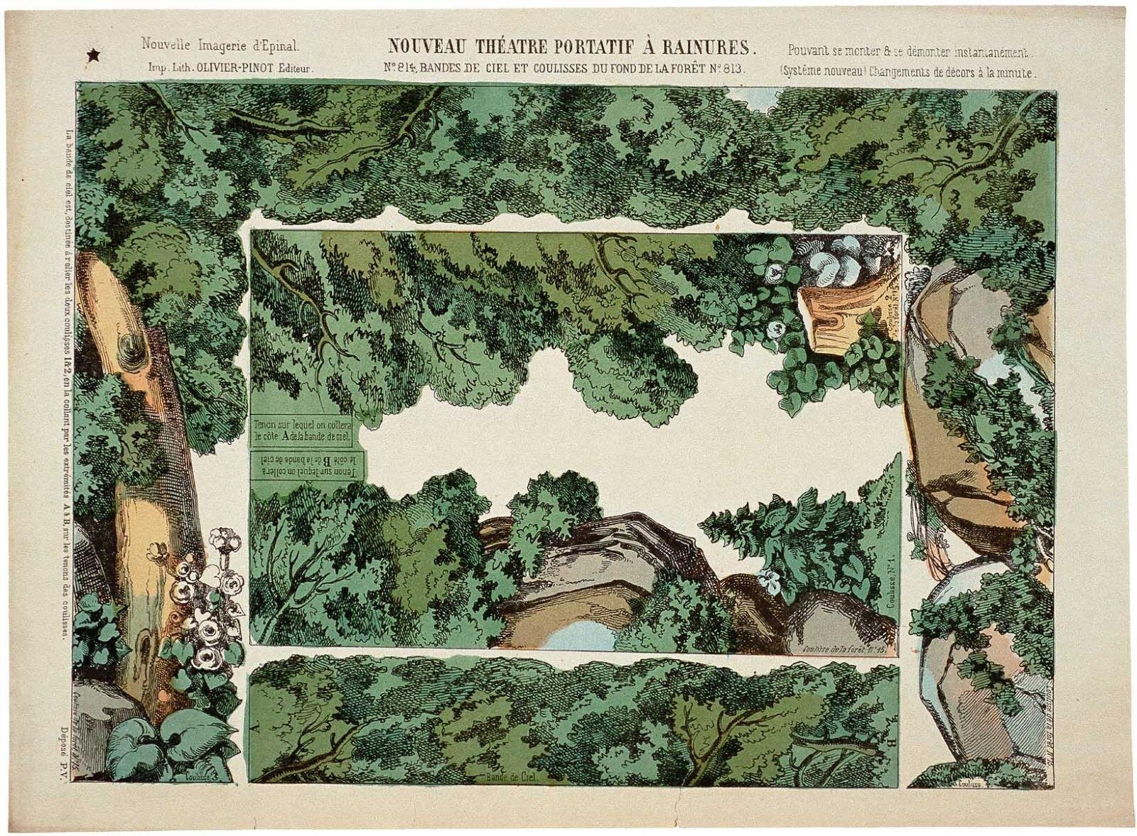 NOUVEAU THÉATRE PORTATIF À RAINURES / N°.814, BANDES DE CIEL ET COULISSES DU FOND DE FORÊT N°.813. (titre inscrit)