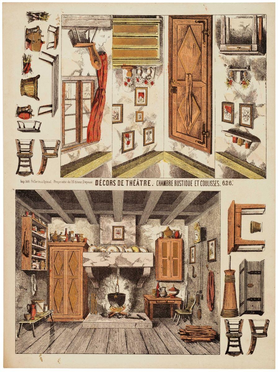DÉCORS DE THÉÅTRE. CHAMBRE RUSTIQUE ET COULISSES. 626. (titre inscrit)