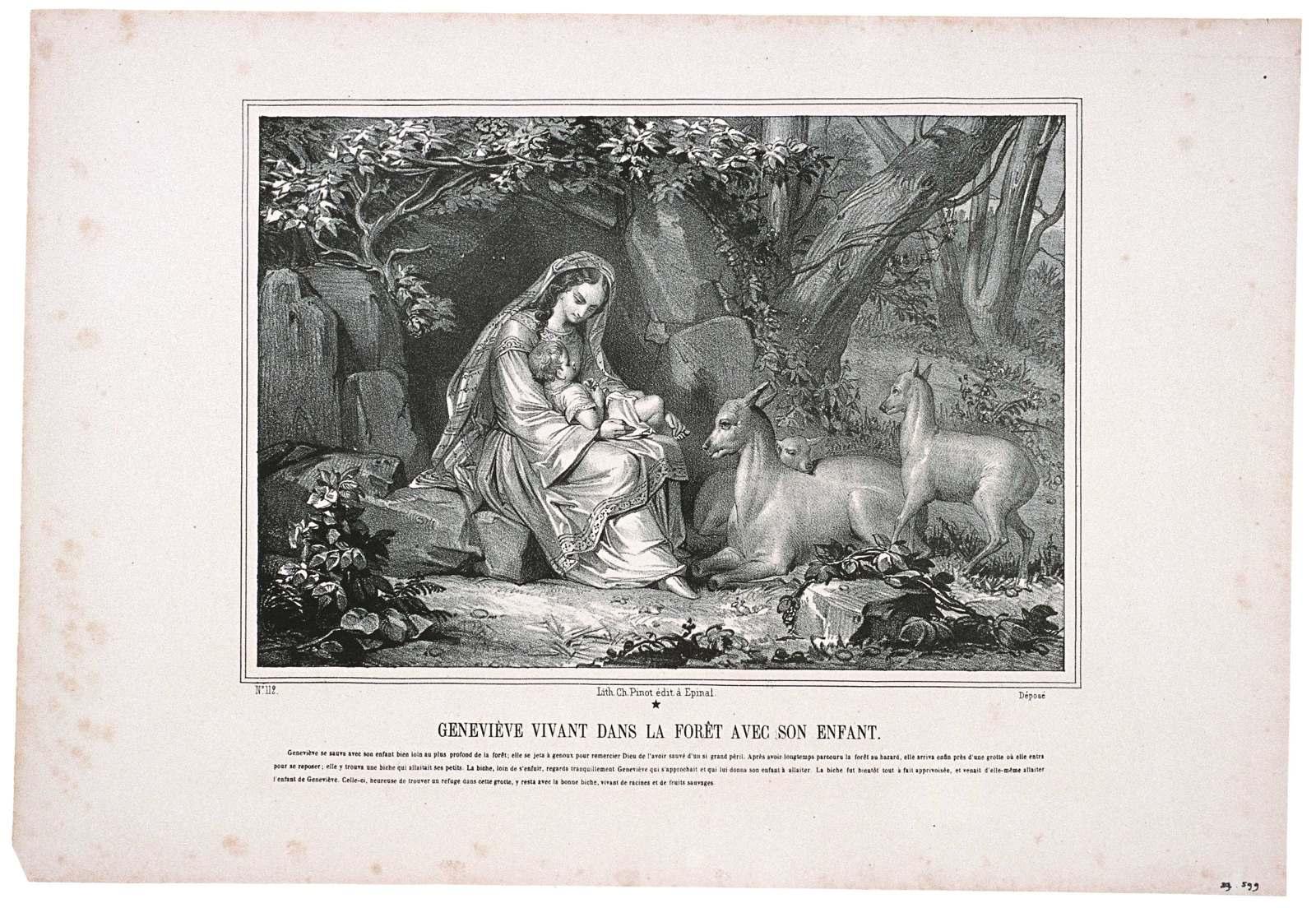 GENEVIEVE VIVANT DANS LA FORET AVEC SON ENFANT. / N°.112. (titre inscrit)