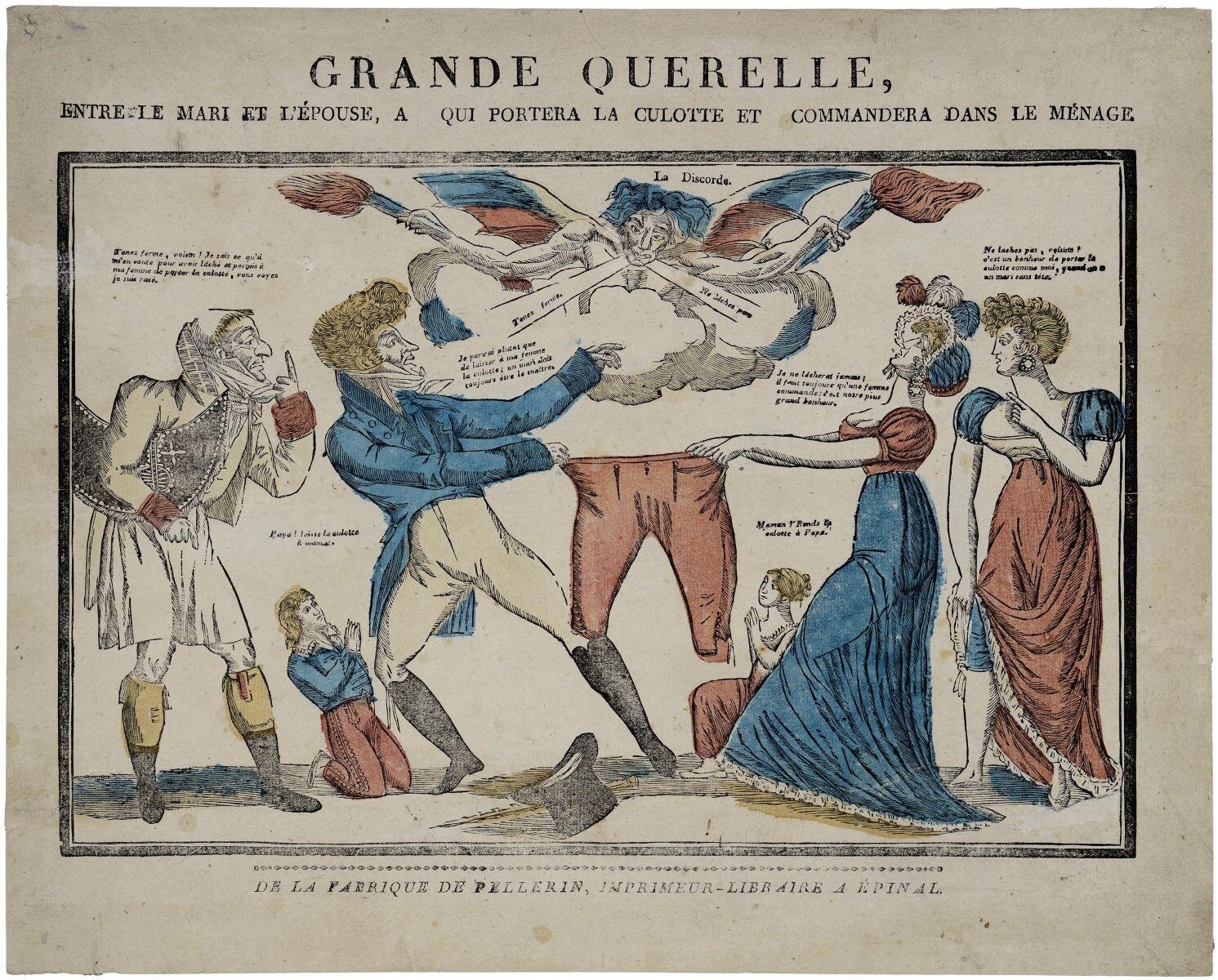 GRANDE QUERELLE, / ENTRE LE MARI ET L’ÉPOUSE, A QUI PORTERA LA CULOTTE ET COMMANDERA DANS LE MÉNAGE. (titre inscrit)