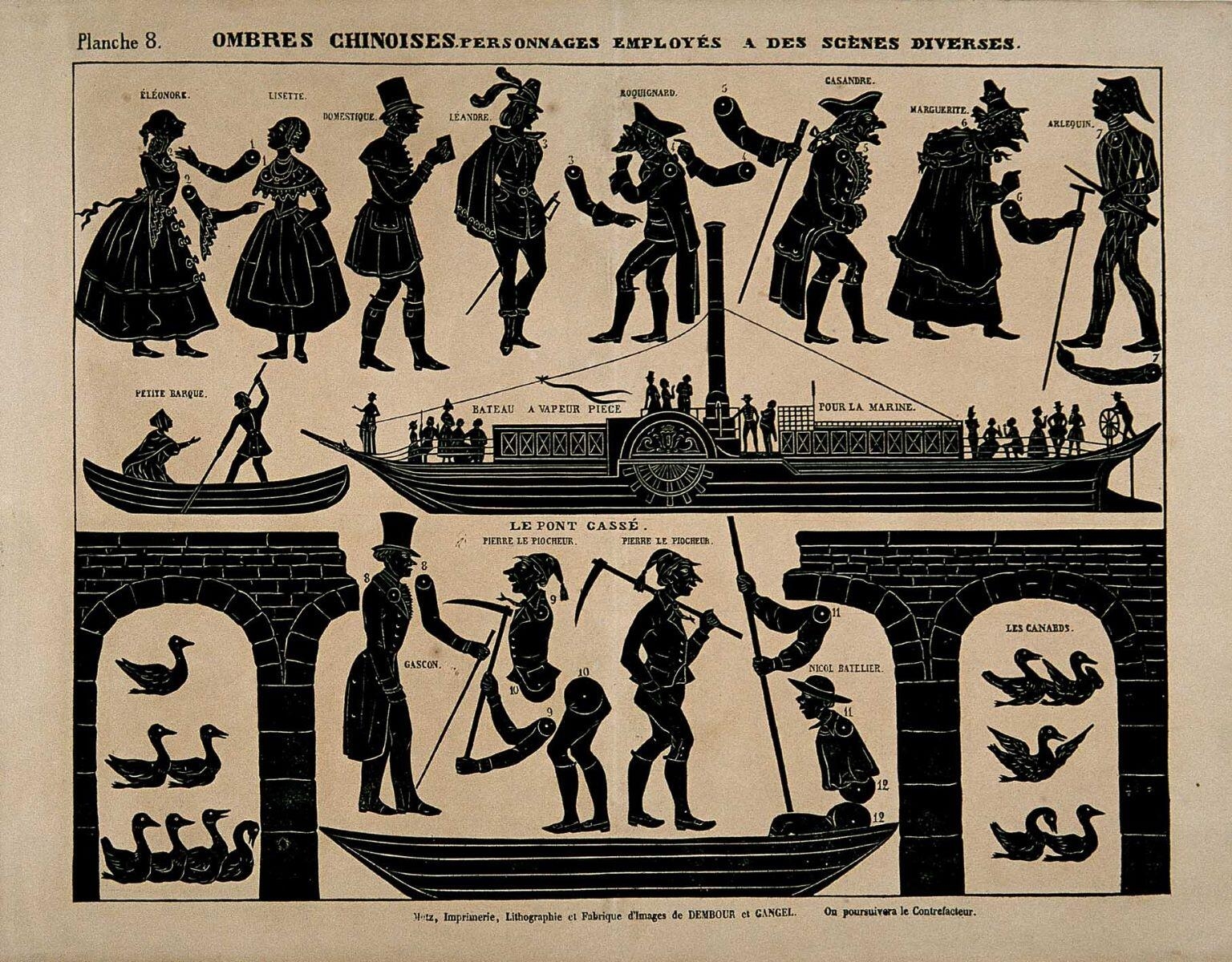 Planche 8. OMBRES CHINOISES . PERSONNAGES EMPLOYÉS A DES SCÈNES DIVERSES. / LE PONT CASSE. (titre inscrit)