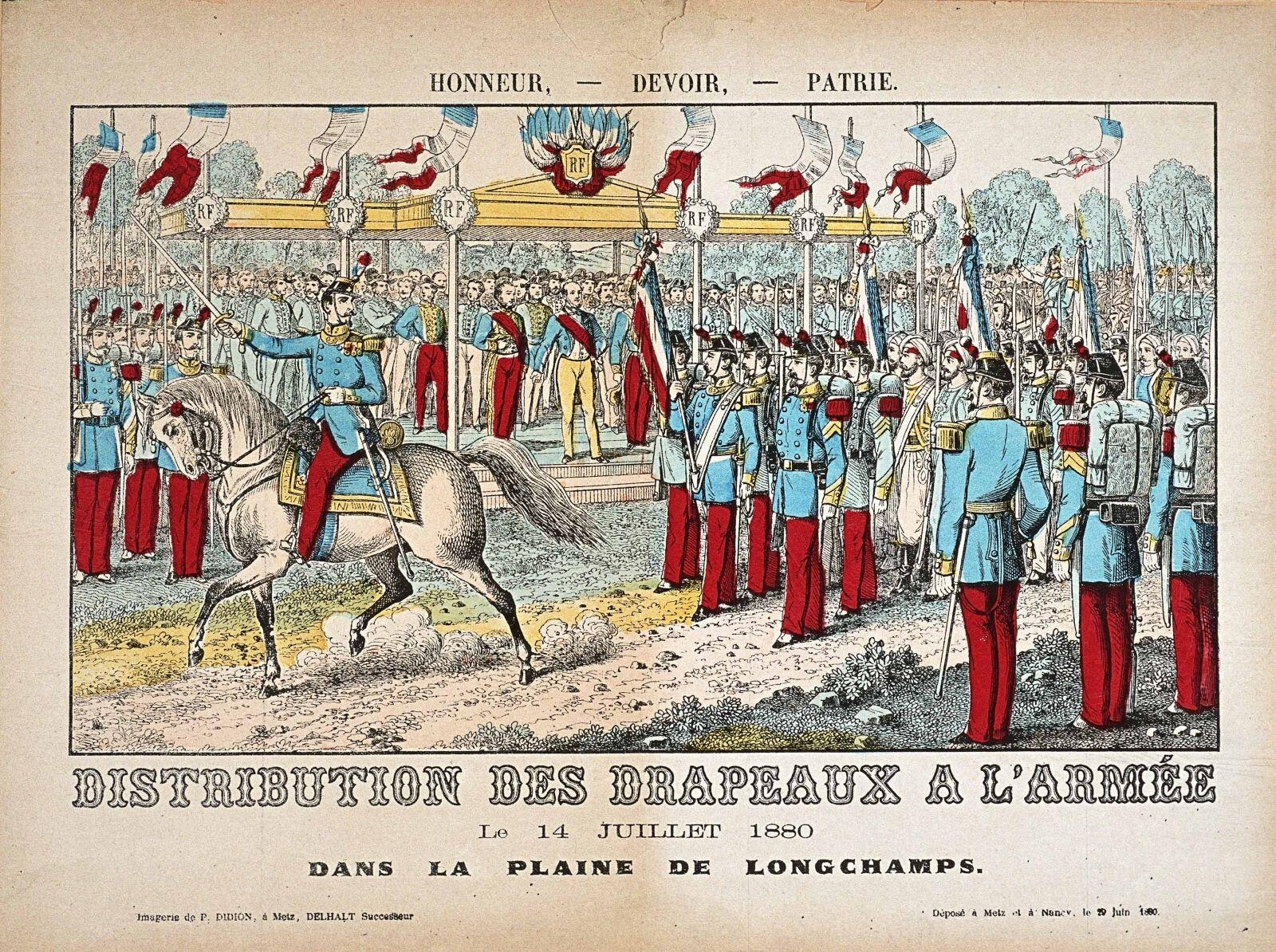 DISTRIBUTION DES DRAPEAUX A L'ARMEE / Le 14 JUILLET 1880 / DANS LA PLAINE DE LONGCHAMPS. (titre inscrit)