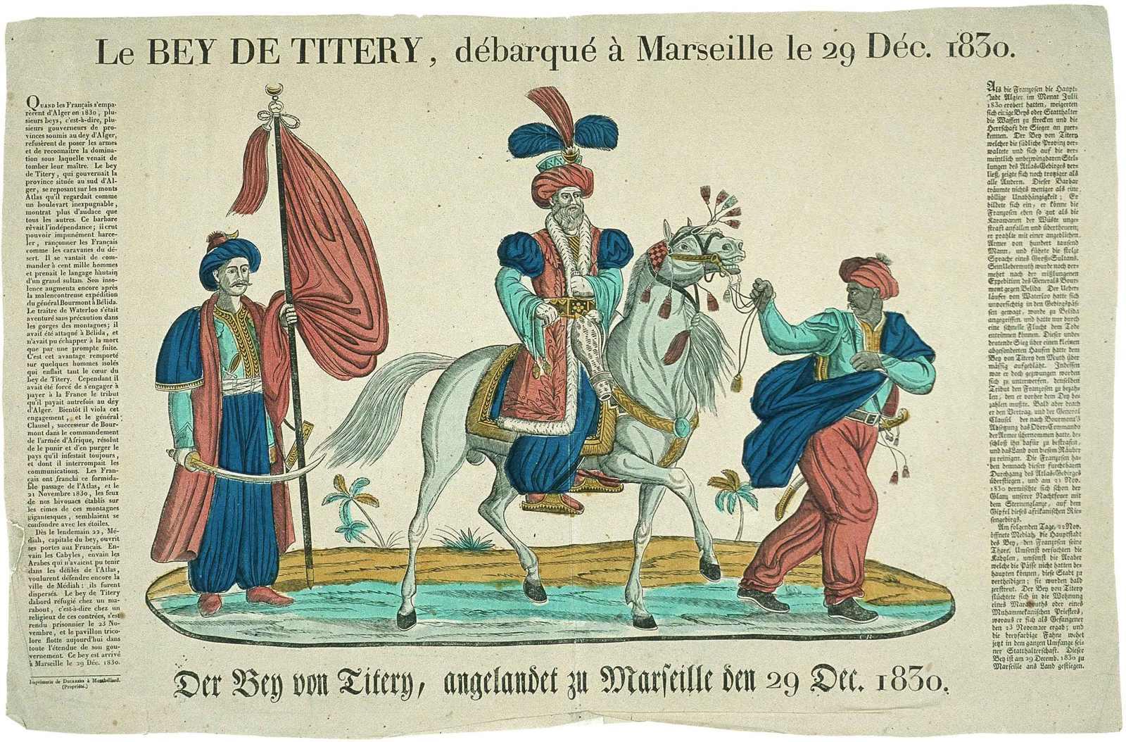 Le BEY DE TITERY, débarqué à Marseille le 29 Déc. 1830. (titre inscrit fr., all.)