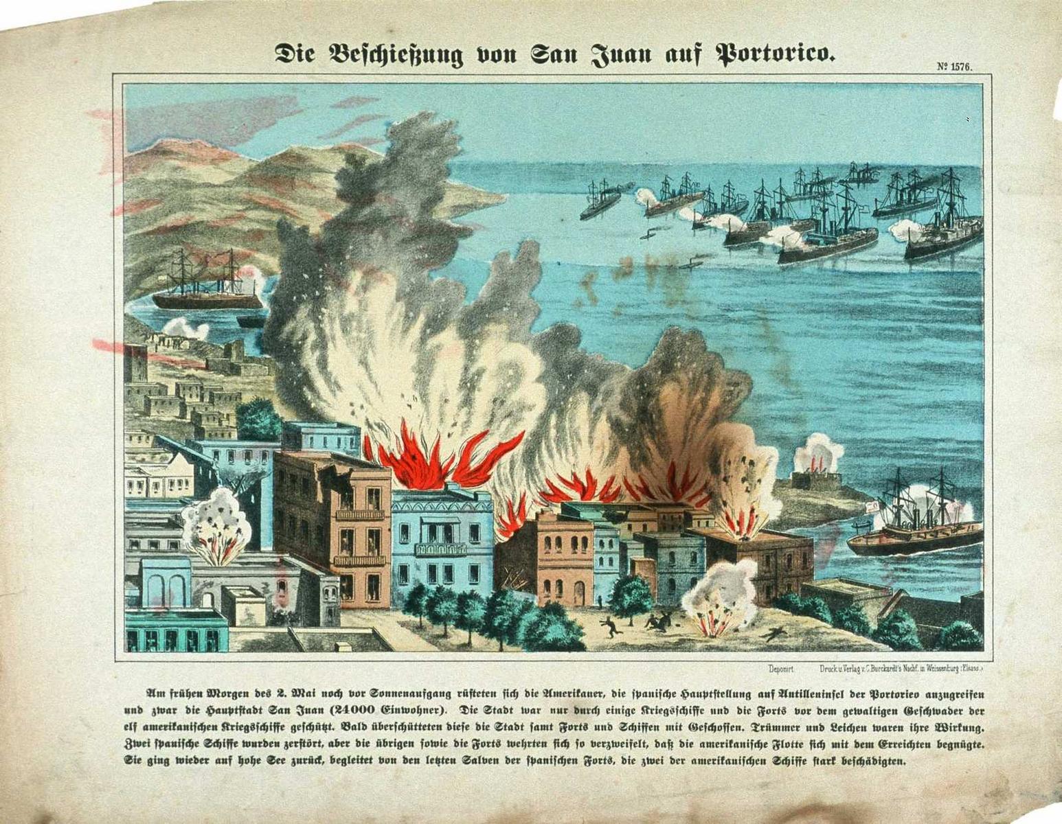 Die Beschiessung von San Juan auf Portorico. N°= 1576. (titre inscrit all.) ; le bombardement de San Juan à Porto-Rico (titre traduit)