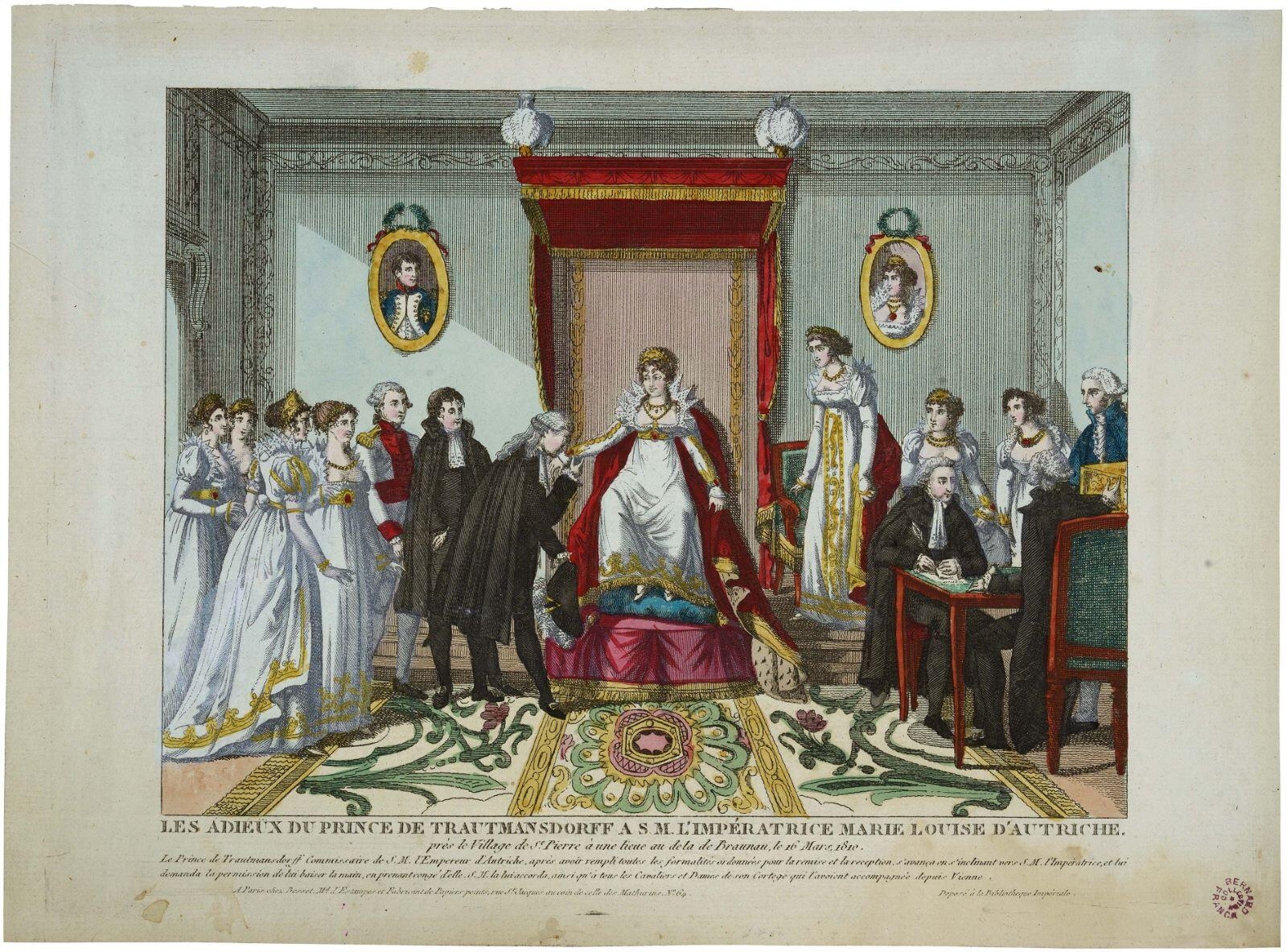 LES ADIEUX DU PRINCE DE TRAUTMANSDORFF A S. M. L’IMPERATRICE MARIE LOUISE D’AUTRICHE. / près le Village de St. Pierre à une lieue au dela de Braunau, le 16 Mars 1810. (titre inscrit)