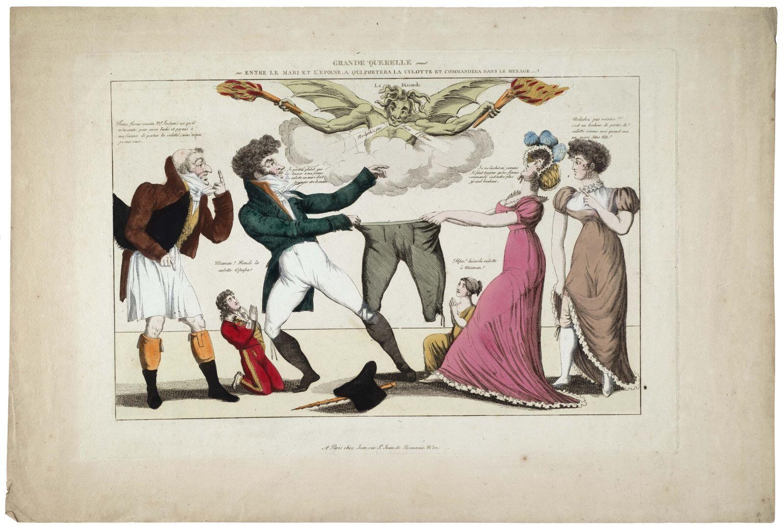 GRANDE QUERELLE / ENTRE LE MARI ET L’EPOUSE, A QUI PORTERA LA CULOTTE ET COMMANDERA DANS LE MENAGE. (titre inscrit)