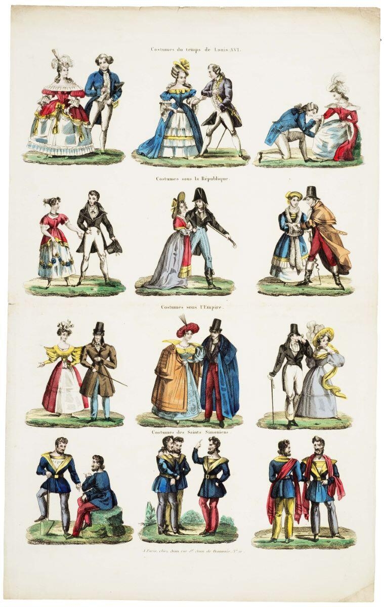 Costumes du temps de Louis XVI. / Costumes sous la République. / Costumes sous l'Empire. / Costumes des Saints Simoniens (titre inscrit)