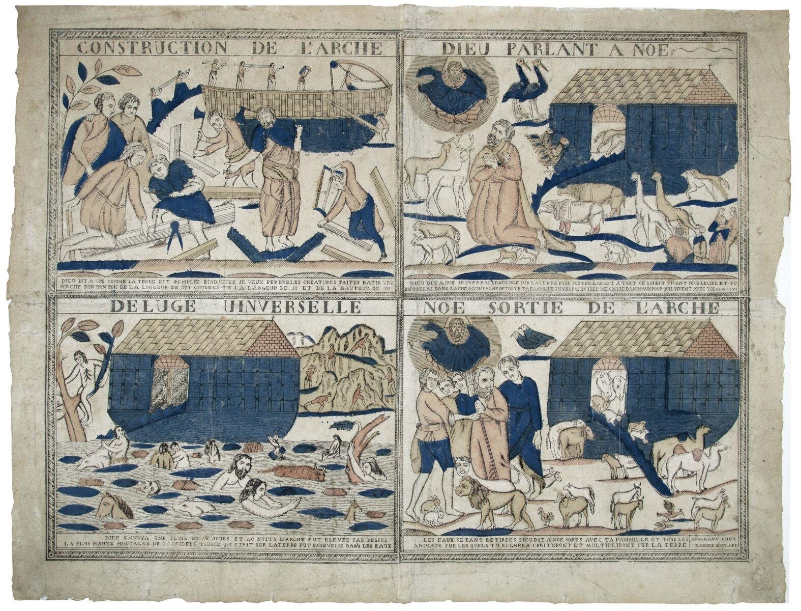CONSTRUCTION DE L’ARCHE / DIEU PARLANT A NOE / DELUGE UNIVERSELLE / NOE SORTIE DE L’ARCHE (titre inscrit)