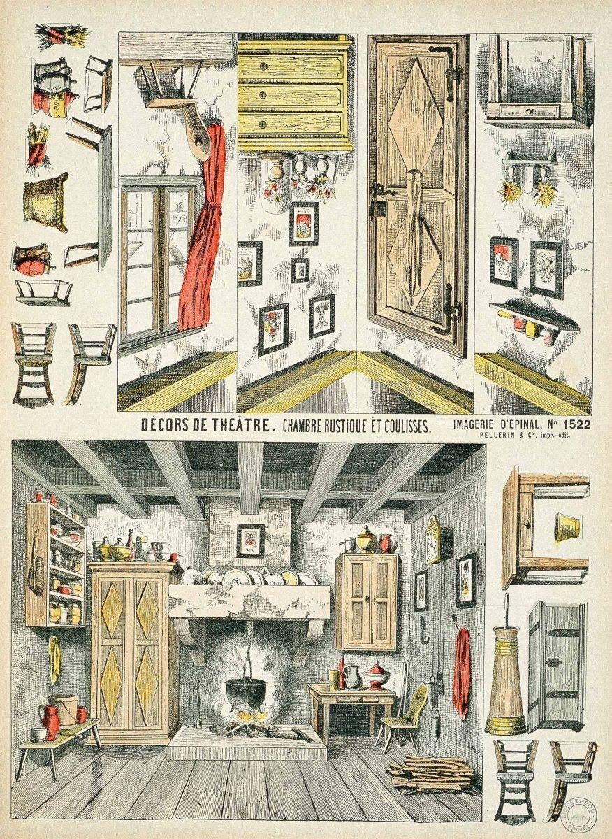DECORS DE THEATRE. CHAMBRE RUSTIQUE ET COULISSES. (titre inscrit)