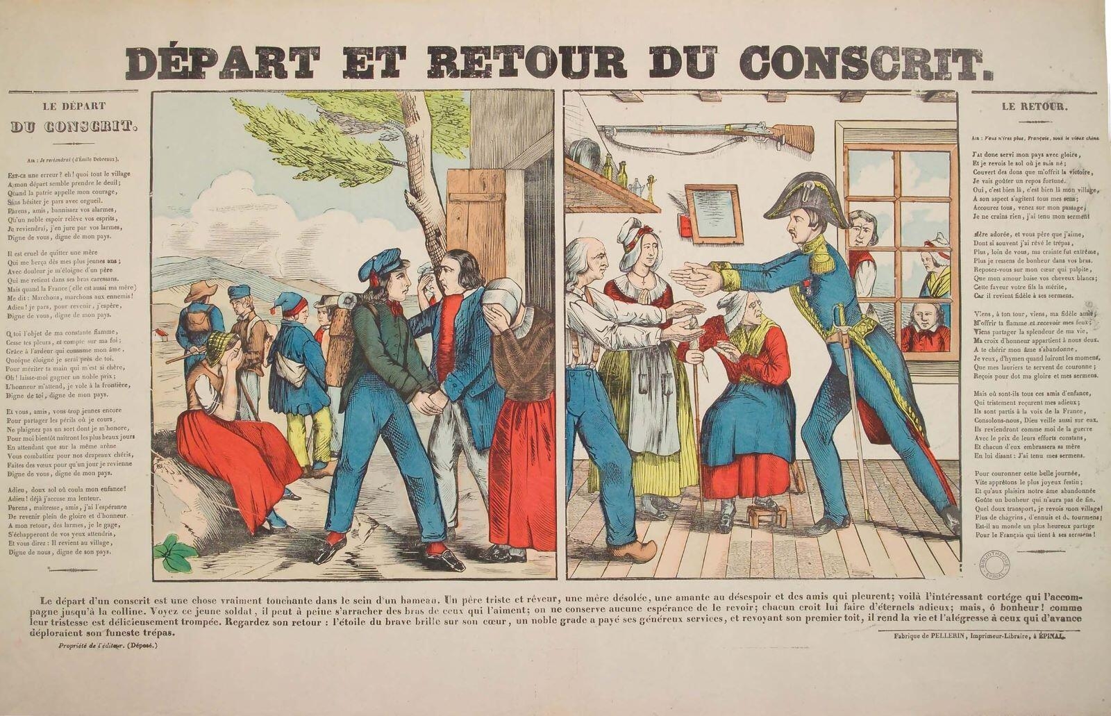 DÉPART ET RETOUR DU CONSCRIT. (titre inscrit)