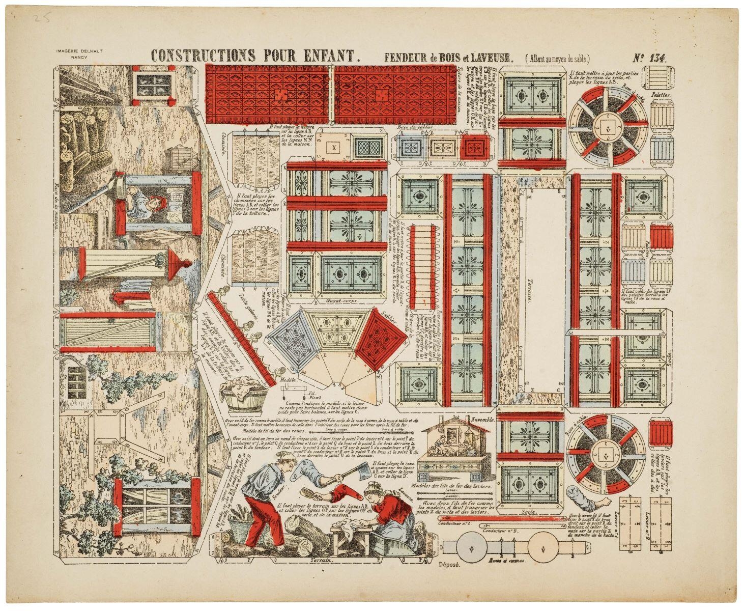 CONSTRUCTIONS POUR ENFANT. FENDEUR de BOIS et LAVEUSE. (Allant au moyen du sable.) N° 134. (titre inscrit)