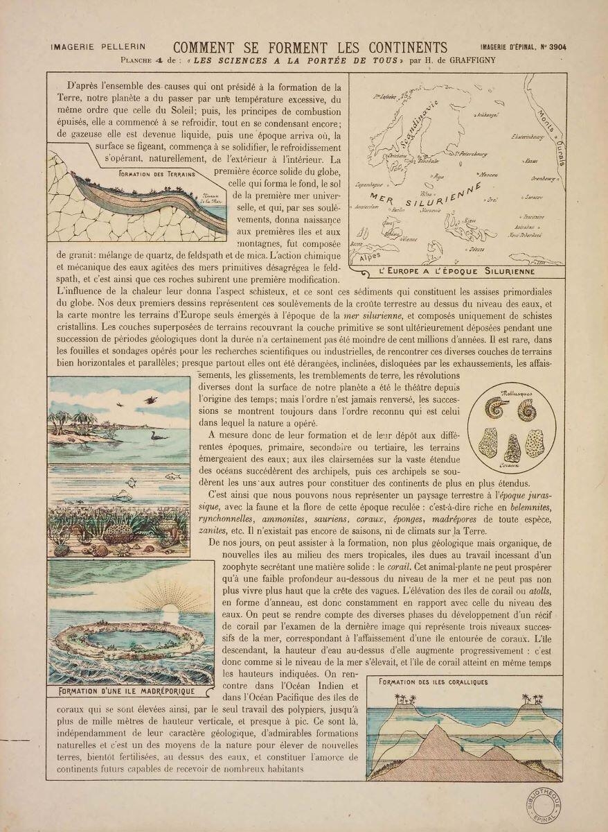 COMMENT SE FORMENT LES CONTINENTS / PLANCHE 4 de : "LES SCIENCES A LA PORTÉE DE TOUS" par H. de GRAFFIGNY (titre inscrit)