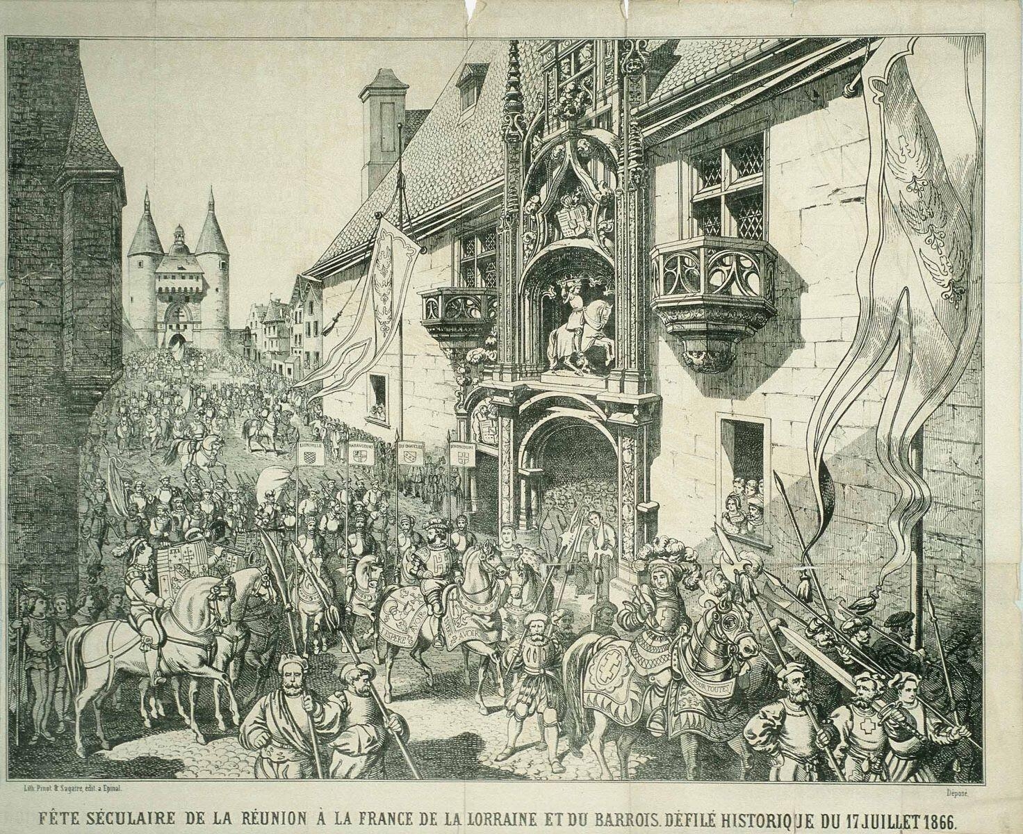 FÊTE SÉCULAIRE DE LA RÉUNION A LA FRANCE DE LA LORRAINE ET DU BARROIS. DÉFILÉ HISTORIQUE DU 17 JUILET 1866. (titre inscrit)